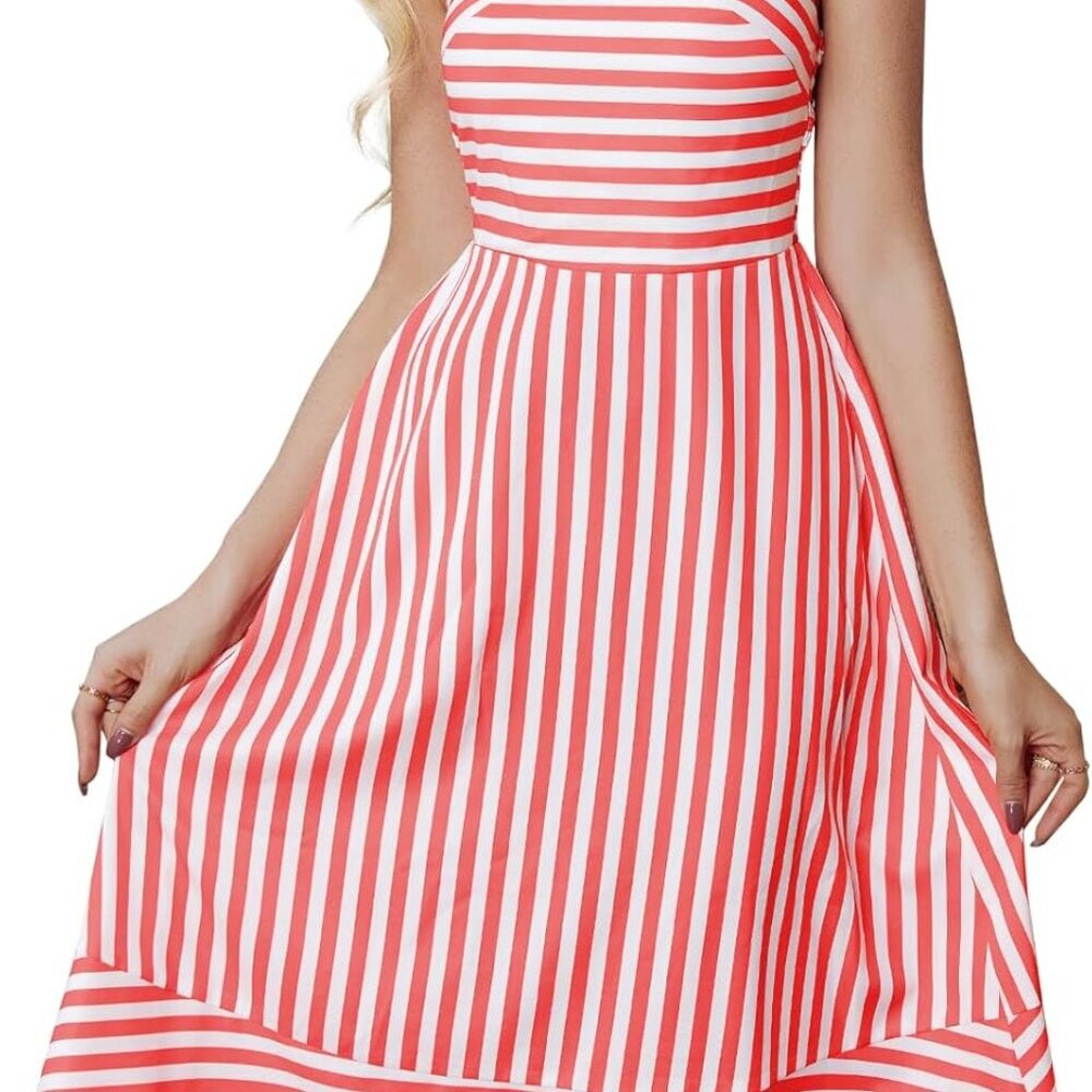 Striped Sleeveless Midi Dress For Women Spaghetti Strap Backless Beach Summer